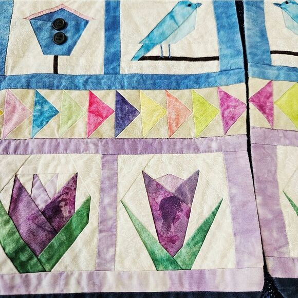Vintage Hand Made Quilted Kitsch Floral Bird Watcher Birdhouse Vest Waistcoat L - Picture 4 of 9